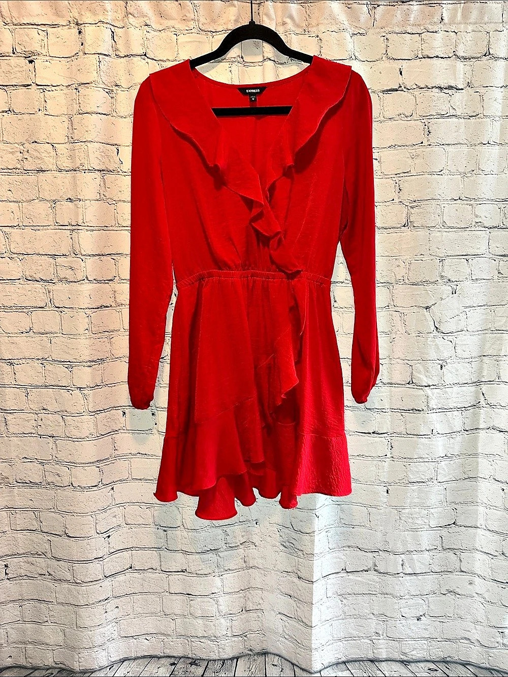 Express Long Sleeve Ruffle Wrap Mini Dress Red Size Medium